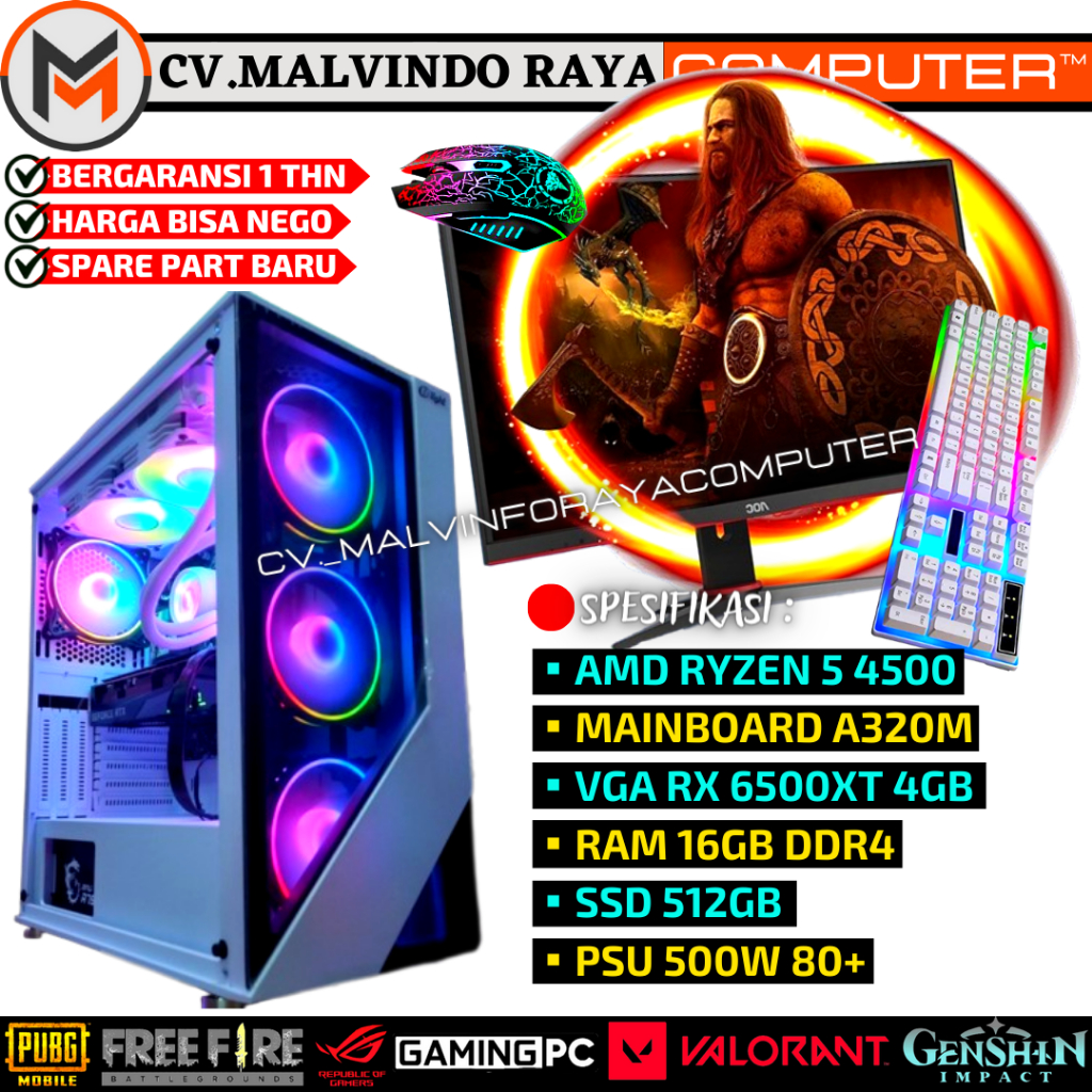 PC GAMING FUL SET RYZEN 5 VGA RX 6500XT RAM 16GB SD 512GB SIAP PAKAI