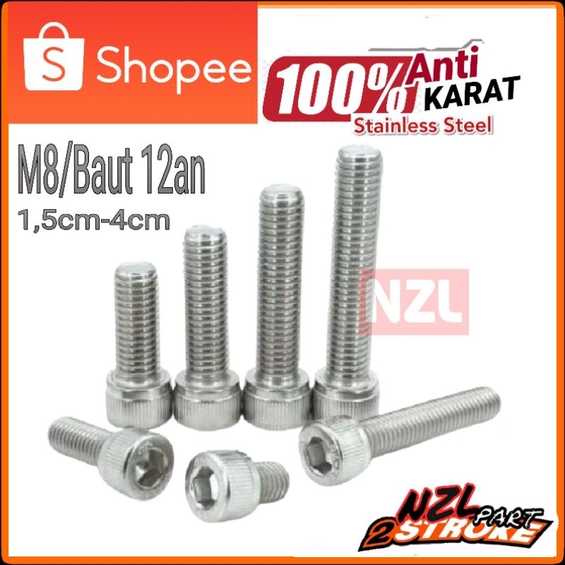 Baut L stainless m8 12 12an x 1 2 3 4  cm bak block frame rangka arm shock mesin rx king f1zr satria