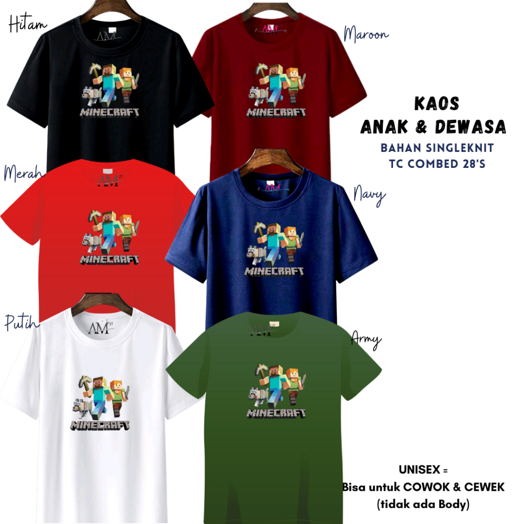 AM27 Baju Kaos Anak Cowok 3-12 thn Remaja Dewasa MINECRAFT