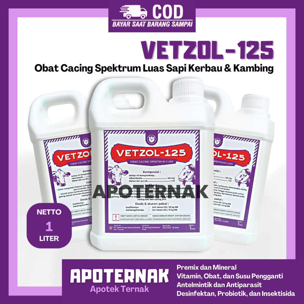 VETZOL 125 1 Liter | Obat Cacing Hewan Sapi Kambing Domba Babi Ayam | Obat Cacing Spektrum Luas