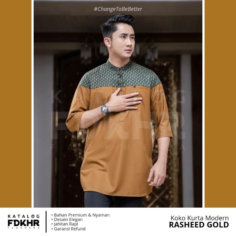 BAJU KOKO KURTA FADKHERA RASHEED GOLD FASHION MUSLIM PRIA LENGAN 3/4 OLIVE GOLD KATUN TOYOBO LEMBUT