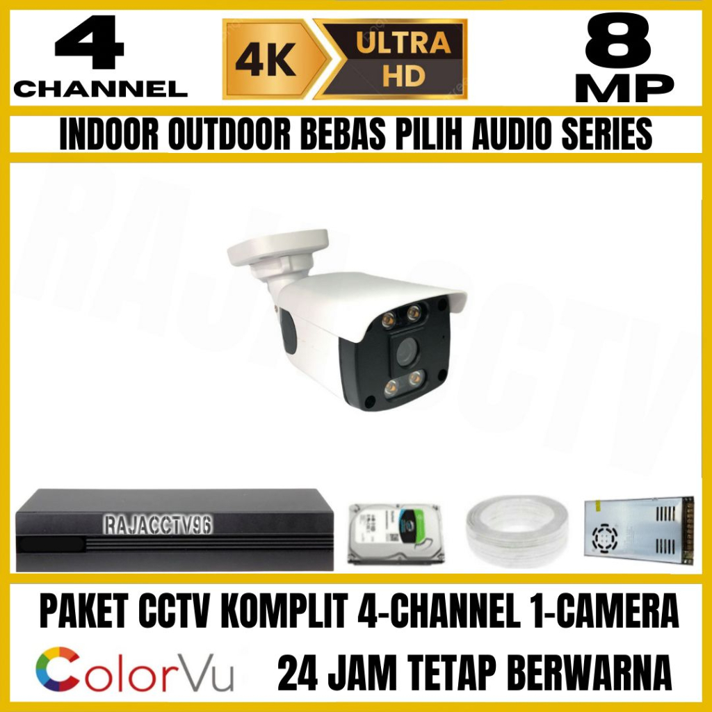 PAKET CCTV 8MP COLORVU COLORFUL 4 CHANNEL 1 KAMERA ULTRA HD 4K CAMERA CCTV AUDIO SERIES