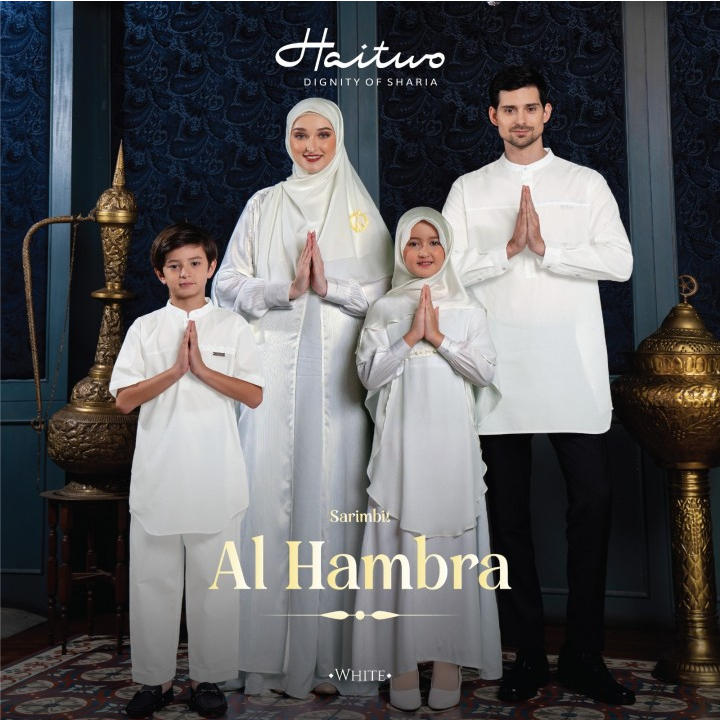 Haitwo Sarimbit Keluarga 2023 Lebaran Premium Gamis Kaftan Al Hambra White Putih Material Rayon Busu