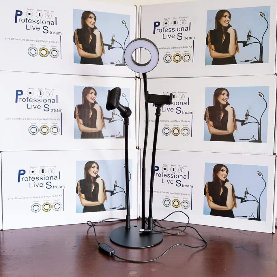 SATU SET ALAT LIVE STREAMING LENGKAP ( Lampu Cincin, Dudukan HP, Lampu LED Flash Kamera HP, Dudukan 