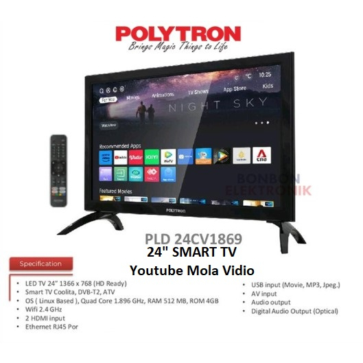 Polytron LED Smart TV 24&quot; Youtube Mirroring Vidio PLD 24CV1869 Digital 24CV
