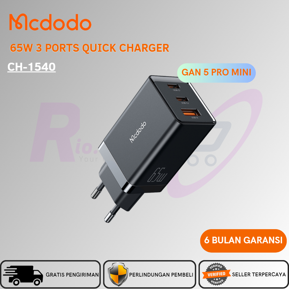 Mcdodo Gan 5 Pro Mini Adaptor 65W 3 Port Quick Charger Dual C &amp; 1USB