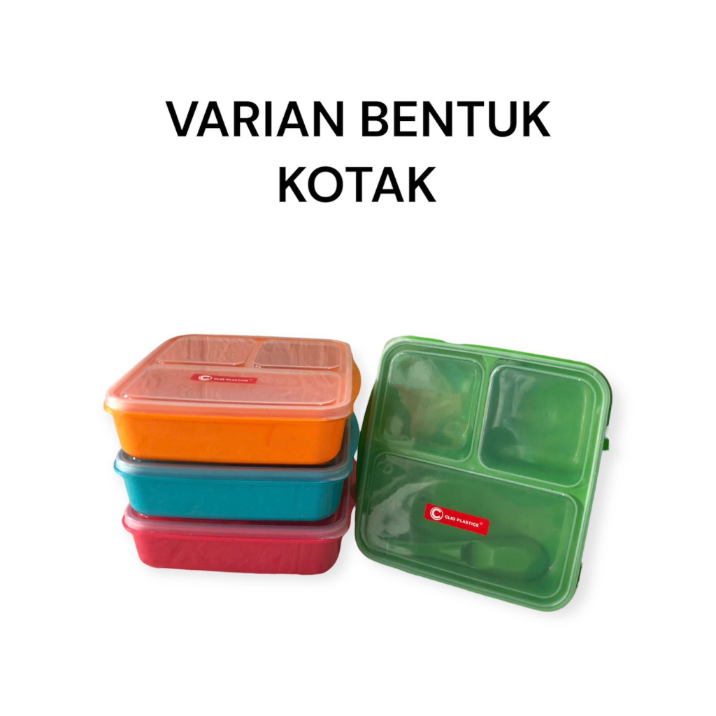 TEMPAT MAKAN / LUNCH BOX MODEL  3 SEKAT + SENDOK - VARIAN 3 BENTUK  - CLIO PLASTICS - FOOD GRADE