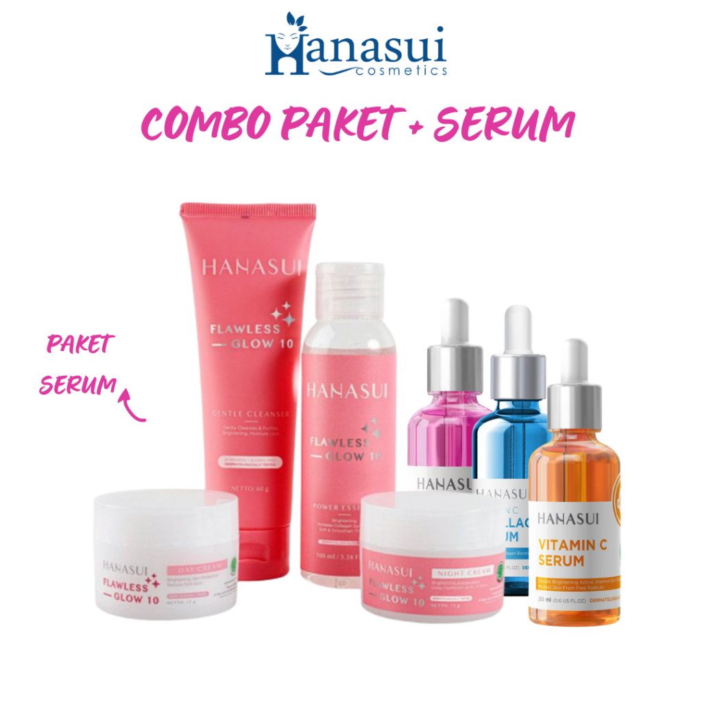 Skincare Paket Glowing Hanasui Flawless Glow / Ecer Cream siang malam toner sabun