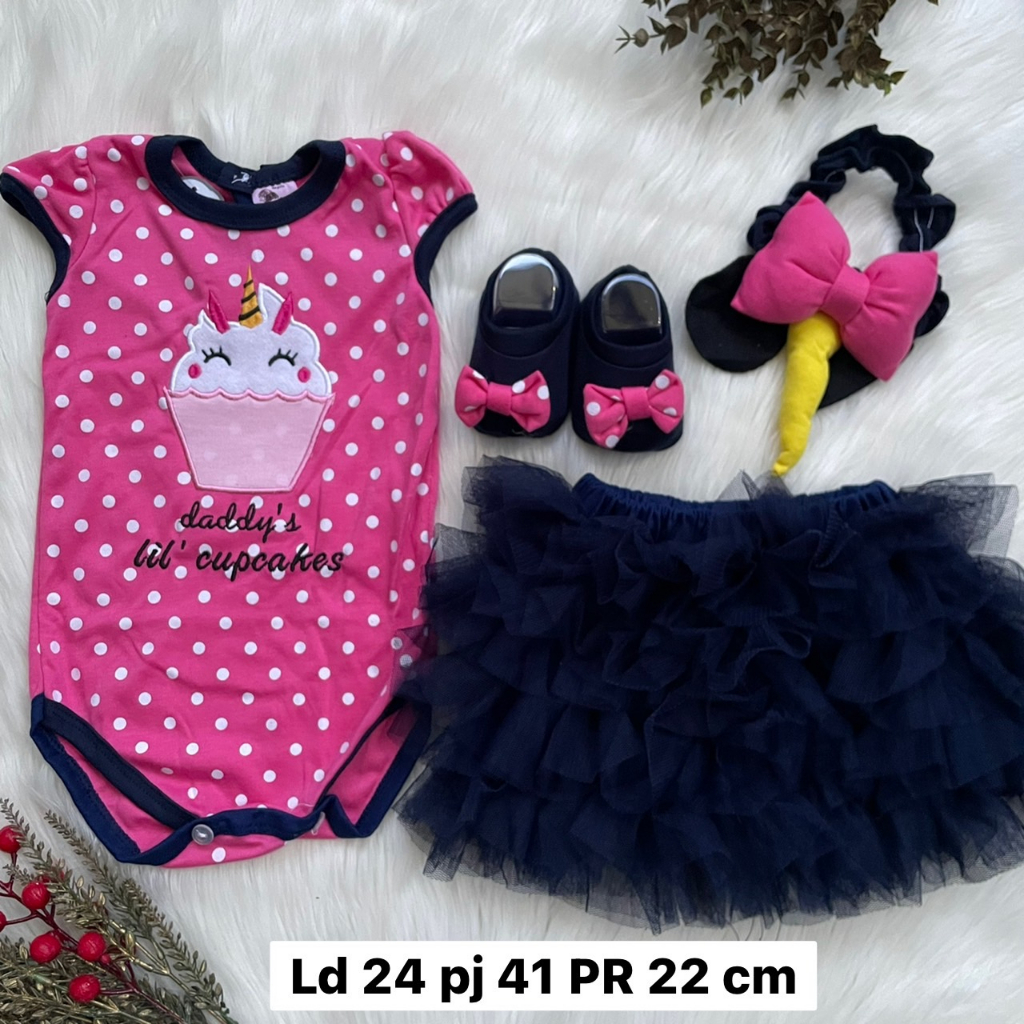 Baju bayi perempuan setelan jumper 0-6 bulan cake rok tutu  set bando sepatu lucu adem