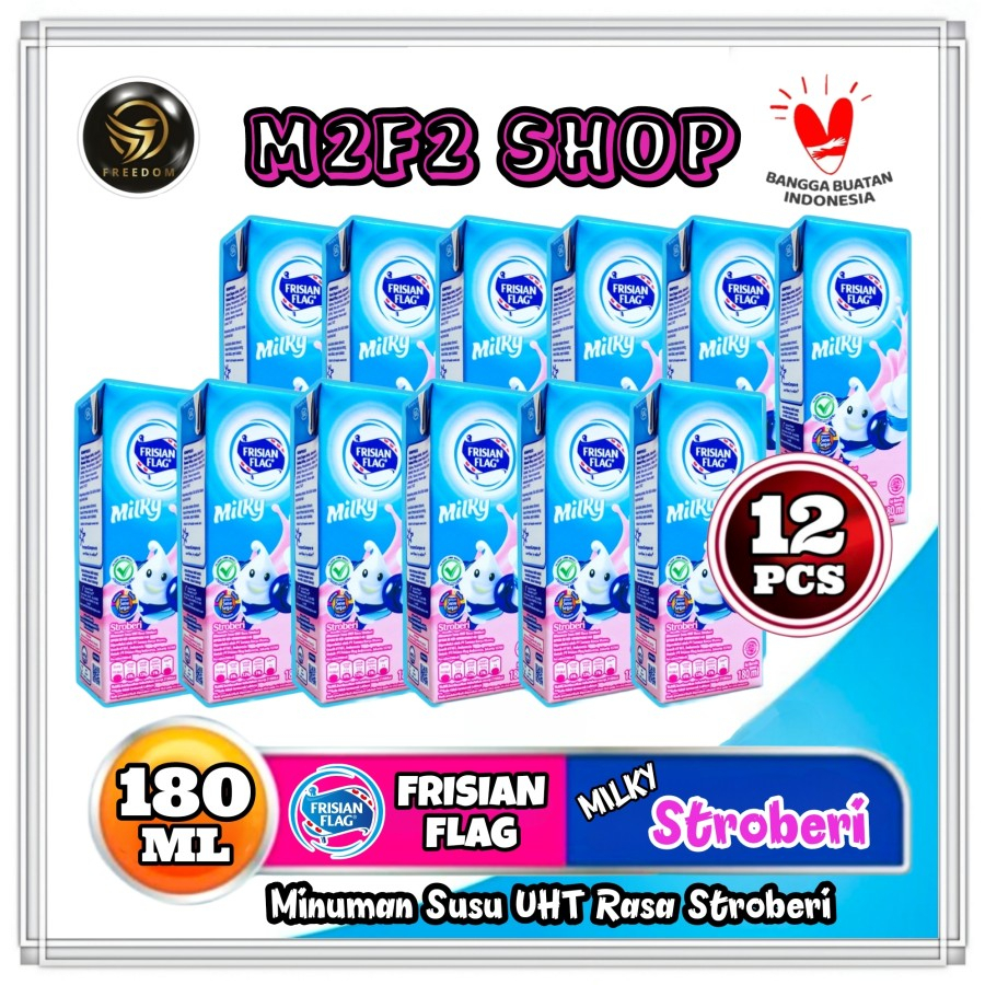 Frisian Flag Susu Bendera Cair Milky Zuzhu Kotak UHT Rasa Stroberi | Strawberry - 180 ml (Kemasan 12