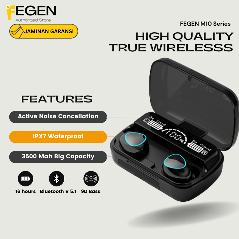 FEGEN TWS M10 True Wireless Digital Display Bluetooth V5.3 Build in Powerbank LED Headset TWS