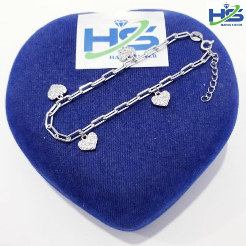 Gelang Perak Asli Silver 925 Lapis Emas Putih Model Rantai Nori Catena Gantungan Love Bulat Bunga - Gelang Perak Wanita Anti Karat