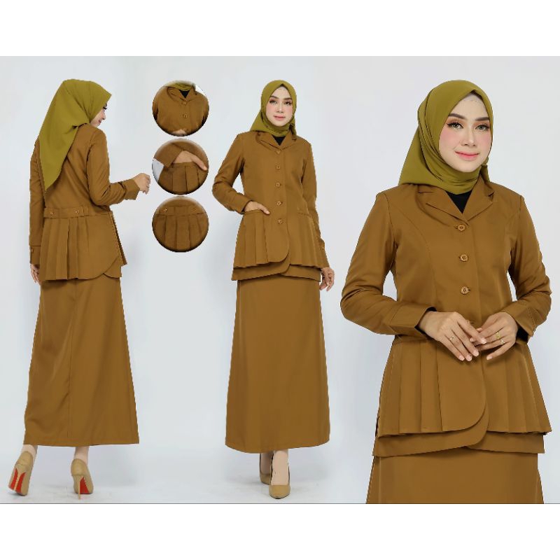 SERAGAM  KHAKY TUA RIMPEL BAWAH  SETELAN ROK A /.ROK.SPAN / CELANA. BAHAN KATUN BLAZER FREE HIJAB