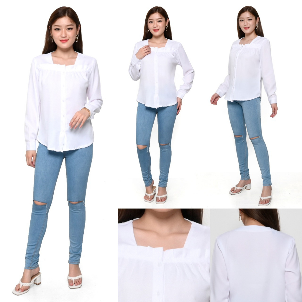 Kemeja Kerja Wanita Kantor Polos Blus Putih Hitam Lengan Panjang