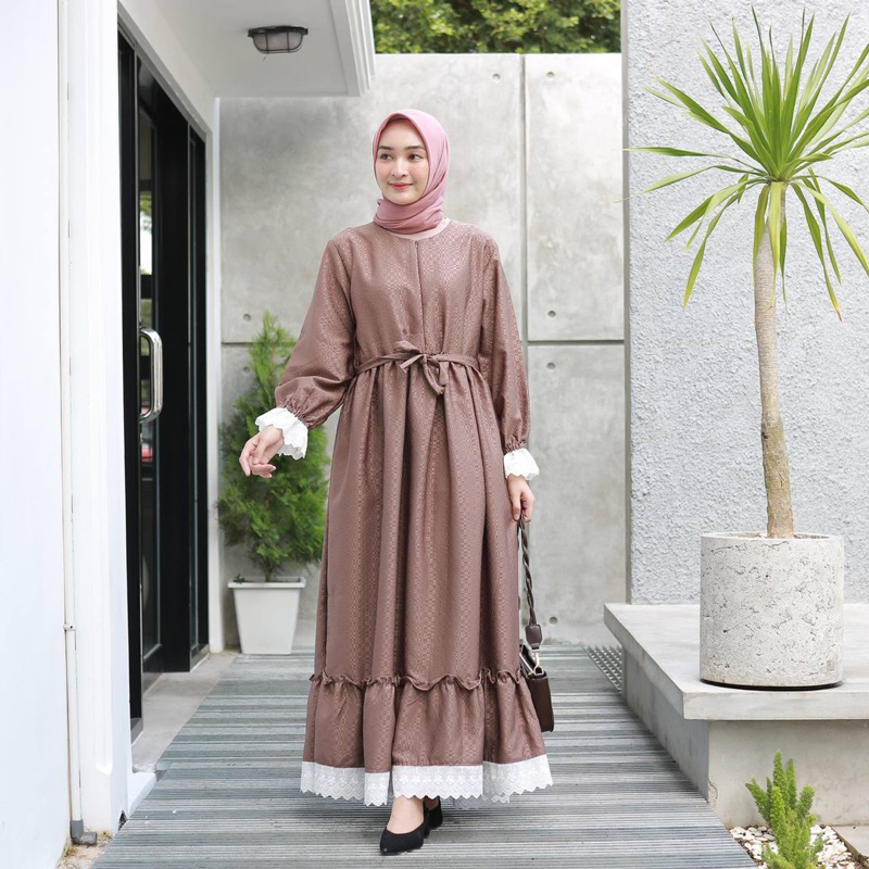 SHALMA MAXI (Ld 102 Pjg 137) - Gamis Azalea Dobby Polos Variasi Renda