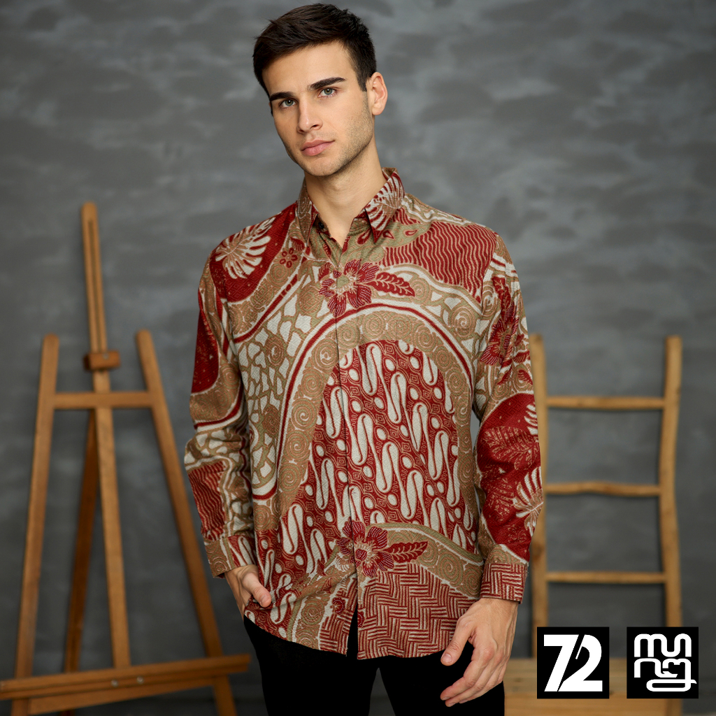 KEMEJA BATIK PRIA LENGAN PANJANG Kemeja Dobby Slimfit Motif Parang Roll Warna Merah Maroon 723160 Cap 72 - Baju Kemeja Atasan Pakaian Setelan Batik Pria Cowok Laki Laki Remaja Keluarga Kantor Lengan Panjang Modern Slimfit Slim Fit Premium Kekinian