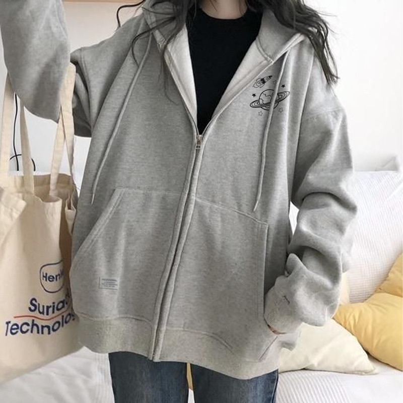 Parisdivarious Zipper Sweater Hoodie Jemper Planet Baru Bahan Fleece Size S - XXL (Pria &amp; Wanita)