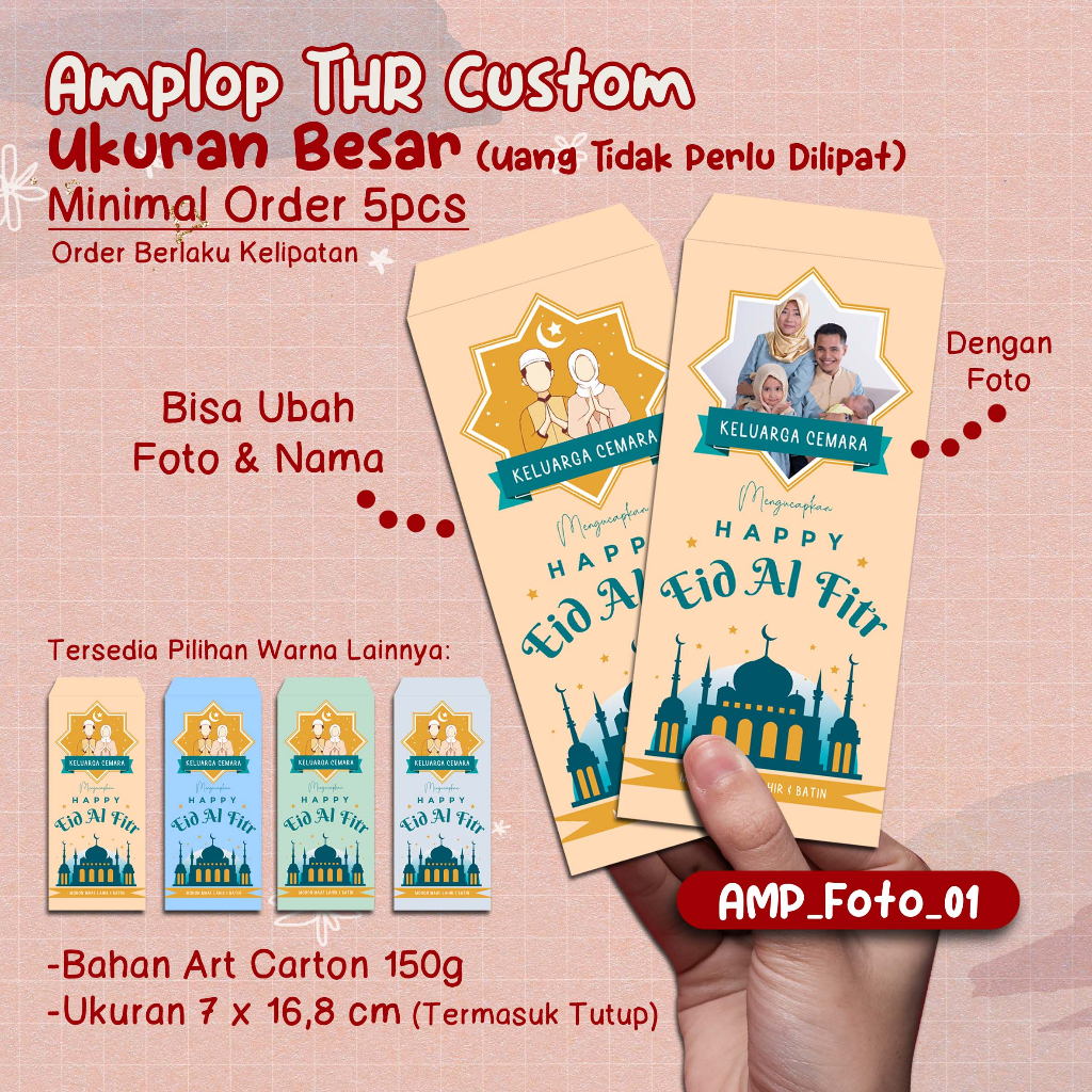 

[Minimal Order 5pcs & Berlaku Kelipatan] - Amplop THR CUSTOM - Ubah Nama & Foto - Amplop Custom Ukuran Besar / Uang Tidak Perlu Dilipat - Custom Amplop Lebaran/ Amplop THR/ Money Envelop Bisa Custom Foto & Tulisan