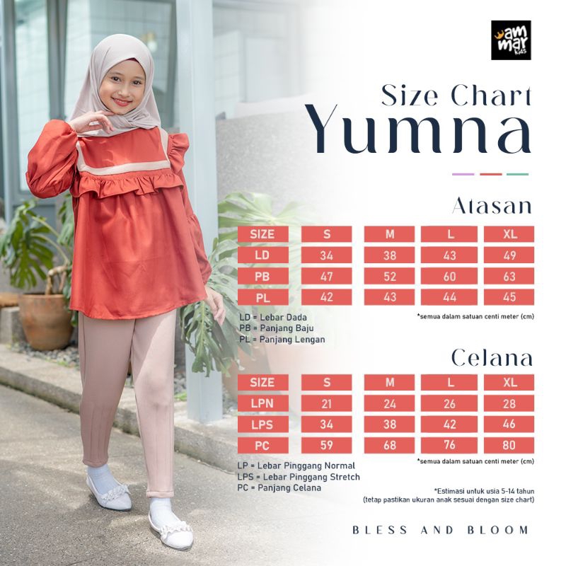 Setelan Baju Anak Perempuan Blouse dan Celana Usia 3 - 12 Tahun Yumna One Set Pakaian Muslim Premium Ammarkids Original Branded 4 5 6 7 8 9 10 11