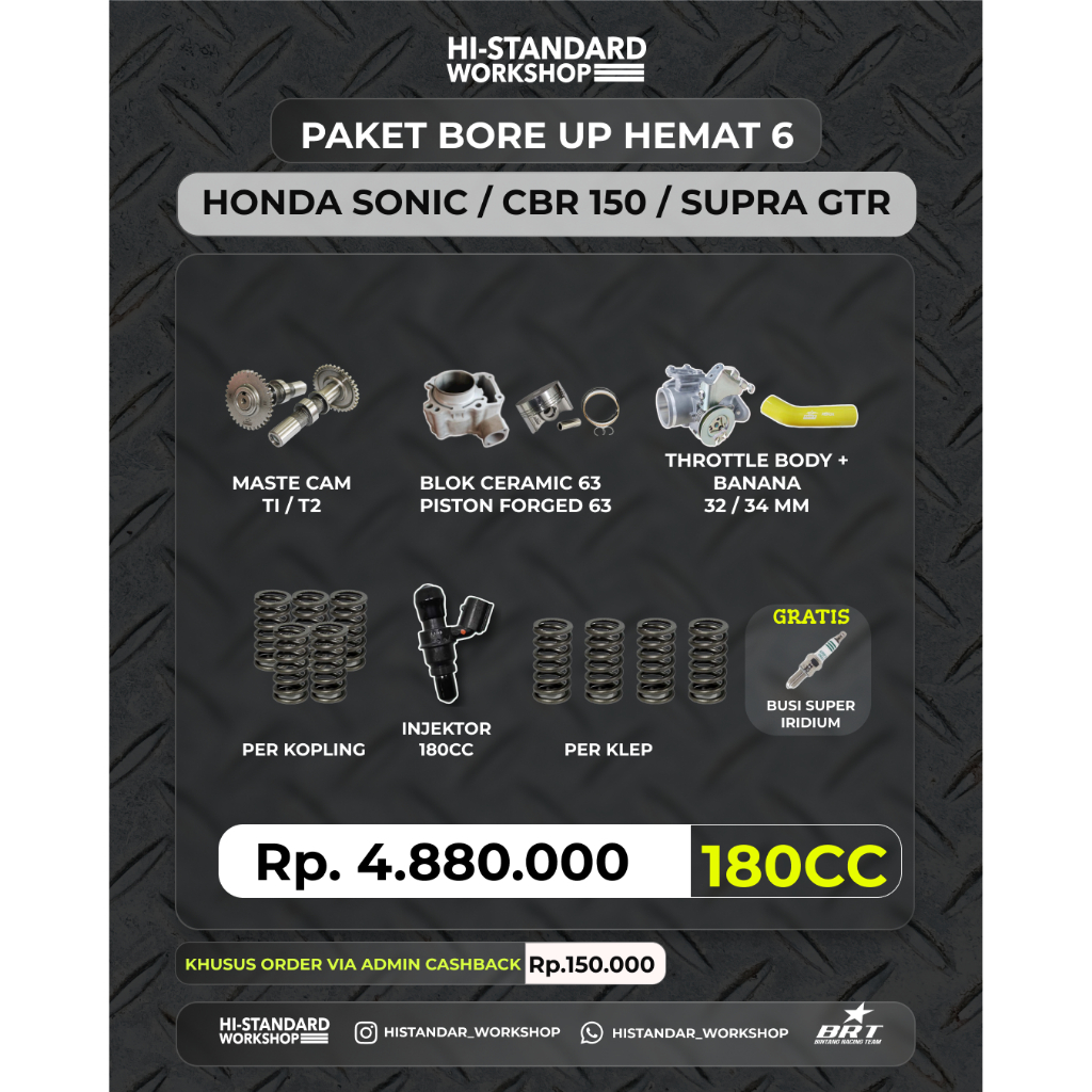 (SONIC 150R/SUPRA GTR/NEW CBR 150R) PAKET BORE UP HEMAT BRT 6 BLOK CERAMIC PISTON FORGED 63MM MASTER
