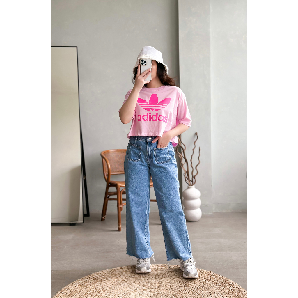 INFINITEE Kaos Croptop Wanita Lengan Pendek Warna Pink