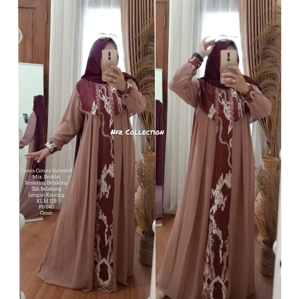 fazura karen gamis Ceruty Babydoll mix Broklat Full Furing Abu M ld 106 Pb 140 Ungu L LD 112 PB 140 
