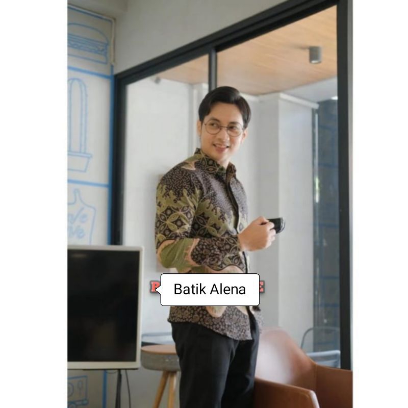 SAGE GREEN kemeja batik pria lengan panjang slimfit modern
