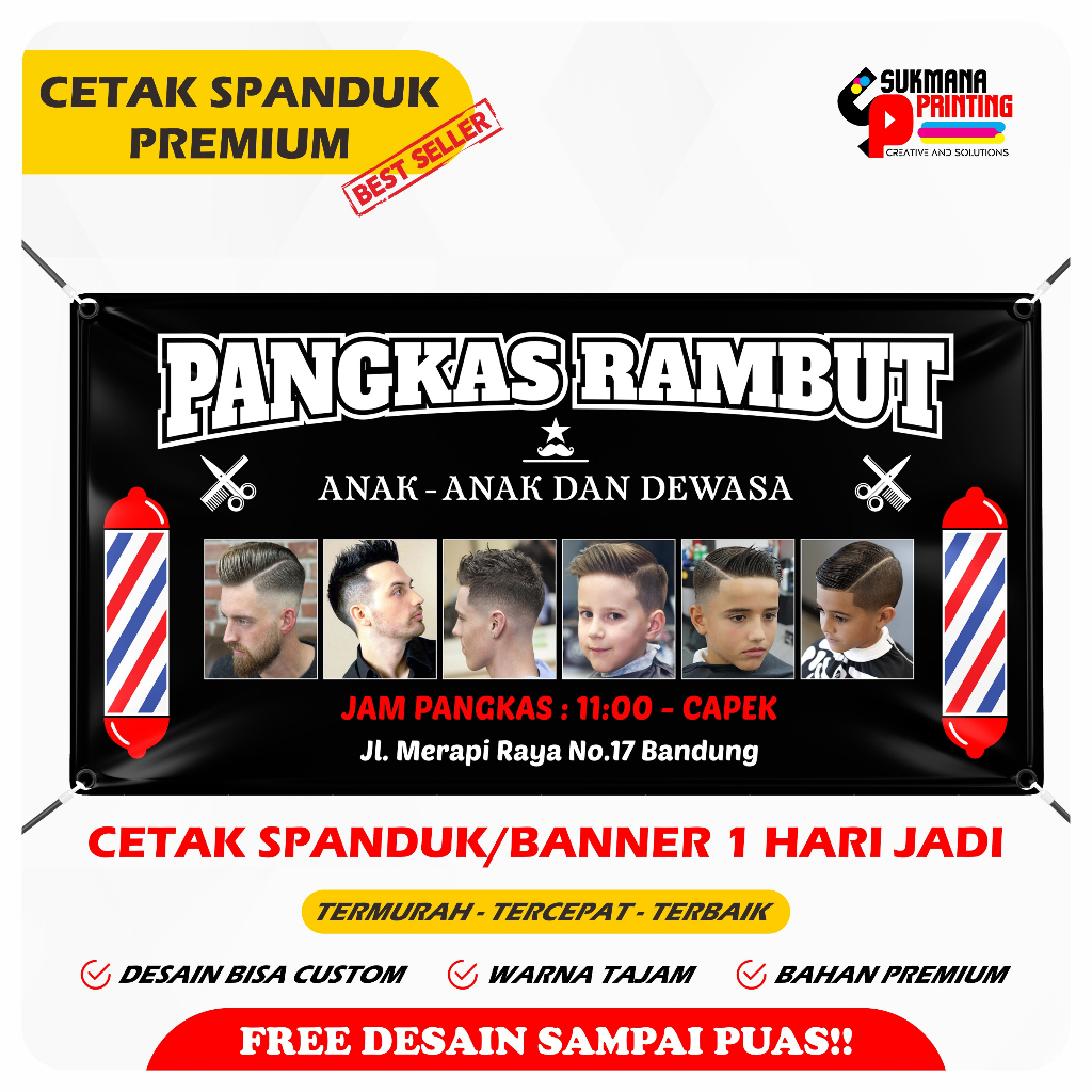 CETAK SPANDUK BANNER HIASAN POTONG RAMBUT PRIA - SPANDUK PANGKAS RAMBUT BARBER SHOP