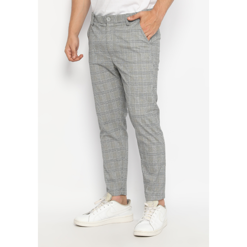 MEVANO Tartan Ankle Pants Grey / Ankle Pants Pria Celana Kotak Kotak Korea Pria Slimfit