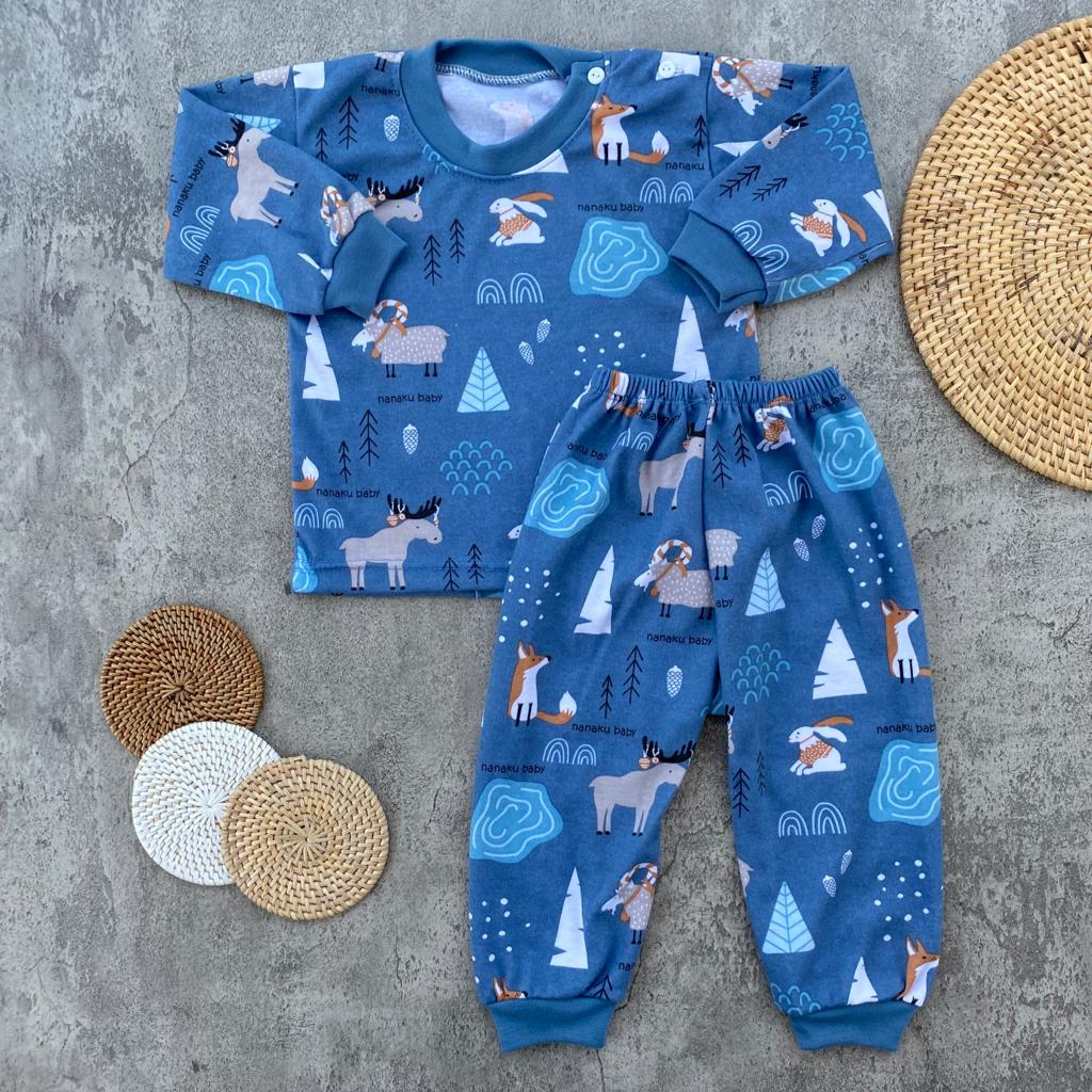 Setelan Baju Bayi Piyama Bayi Lengan Panjang Kancing Pundak Motif Rubah Usia 3-12 Bulan Almeera Baby and Kids