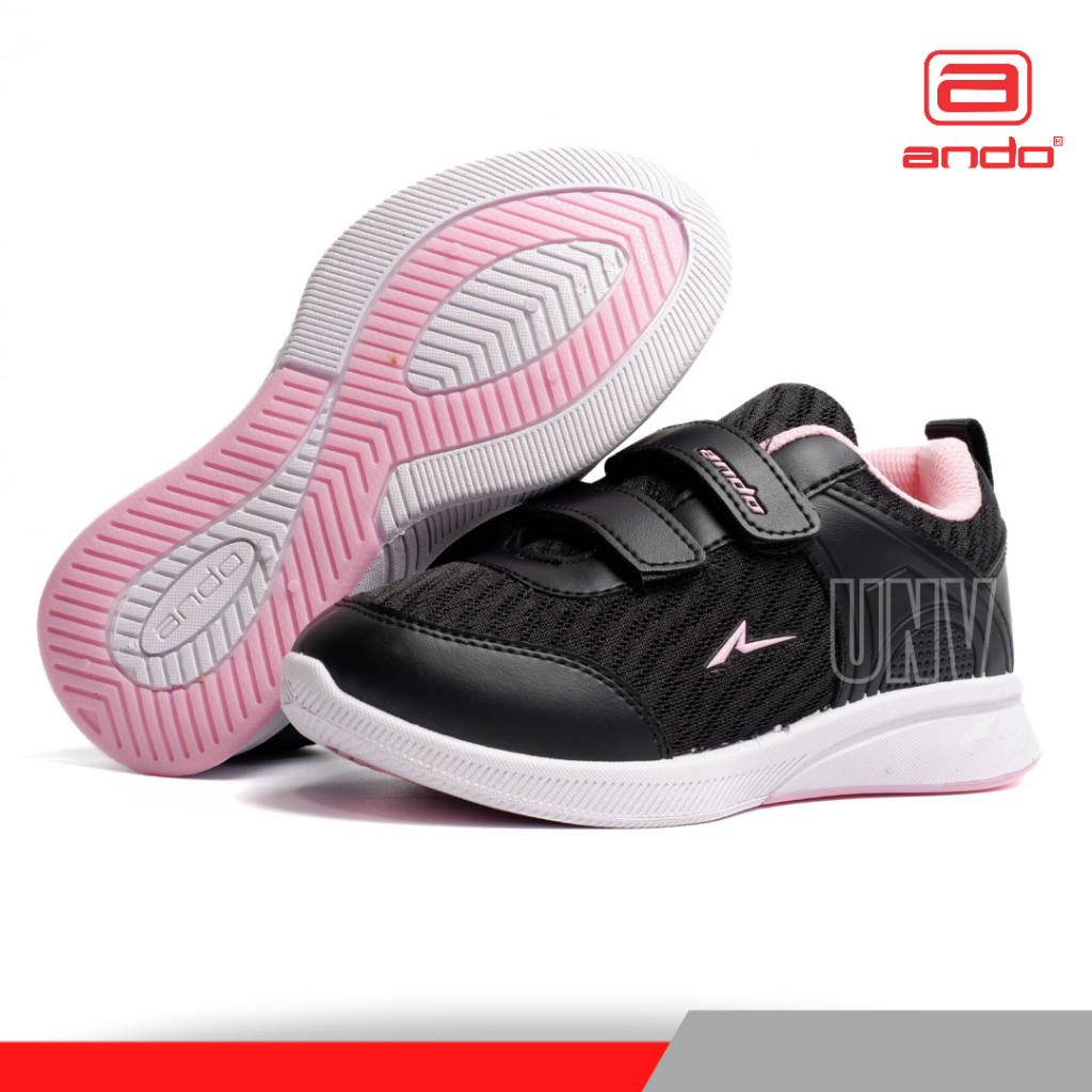 Sepatu Sekolah Anak Perempuan Ando Hitam Pink Perekat Usia 4 5 6 7 8 Tahun Sneakers Kets Olahraga PAUD TK SD Tanpa Tali