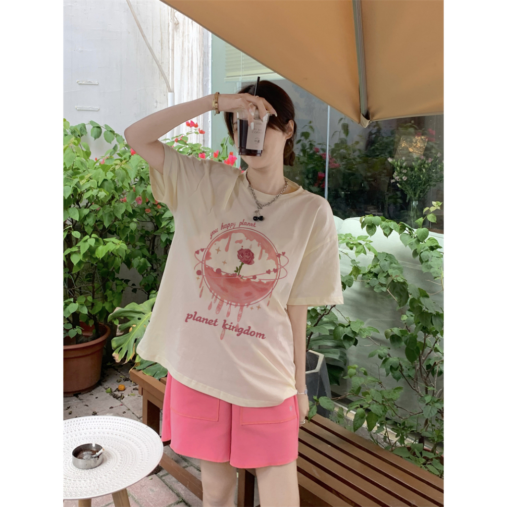 EUNII T-shirt Lengan Pendek Retro Pink Rose BlackPink Korean Style/Kaos Atasan Wanita/Baju Kaus Oversize Wanita/Kaos Wanita