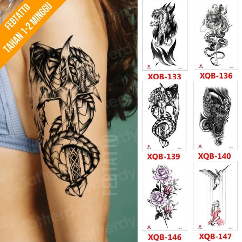 Tato Temporer Ukuran 21cmx11cm Tato Lengan Tato Dada Tato tangan Tato Kaki Tato Punggung Tato Jari  Motif Aesthetic Tatto Temporary Stiker Tato Halal Grosir Tato air motif harimau, naga, tribal topeng, bunga, burung, perempuan XQB 139