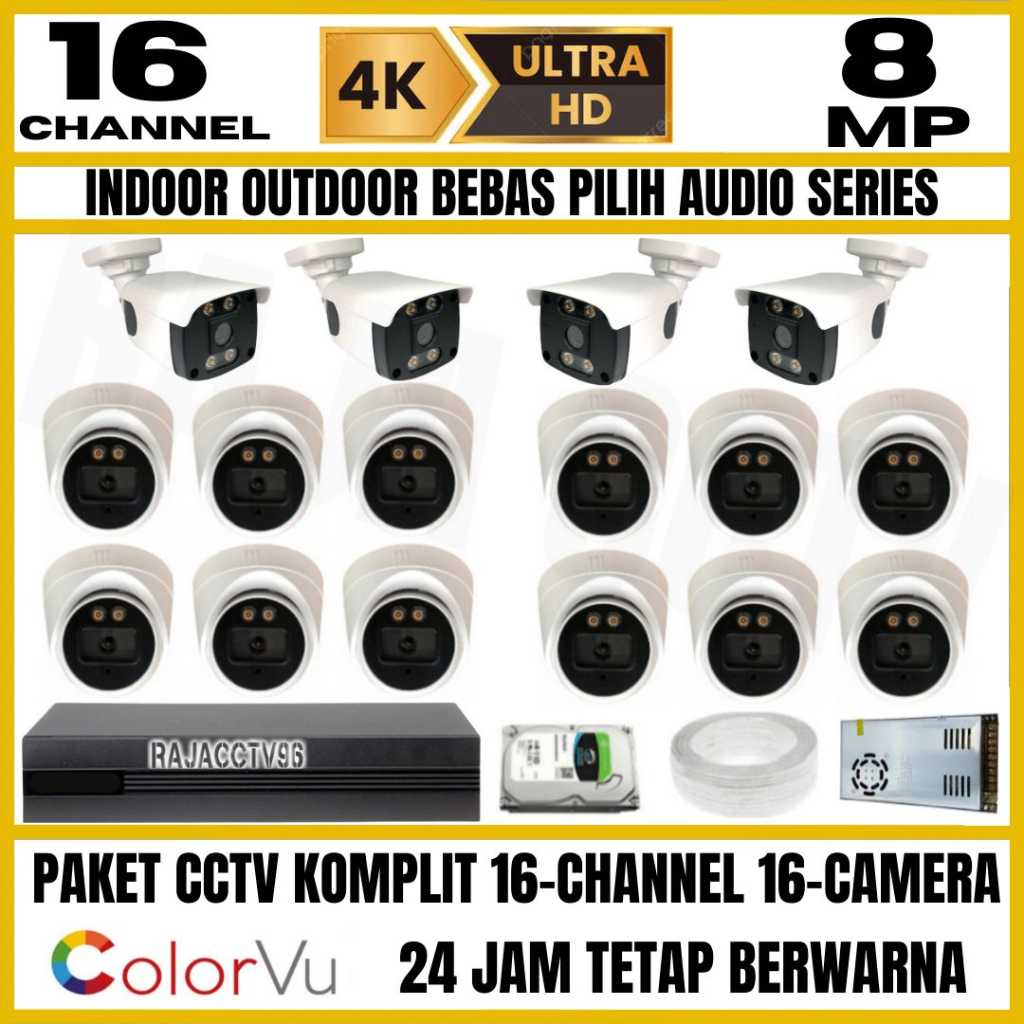 PAKET CCTV 8MP COLORVU COLORFUL 16 CHANNEL 16 KAMERA ULTRA HD CAMERA AUDIO SERIES