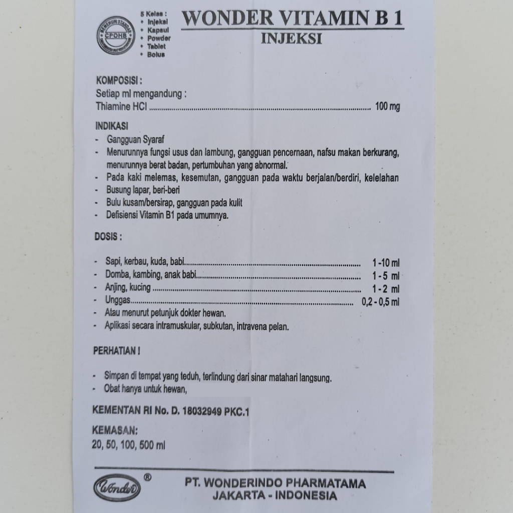 WONDER VITAMIN B1 100 ml | Vitamin B1 Injeksi Hewan Sapi Kerbau Kuda Kambing Anjing Kucing Unggas | WONDER