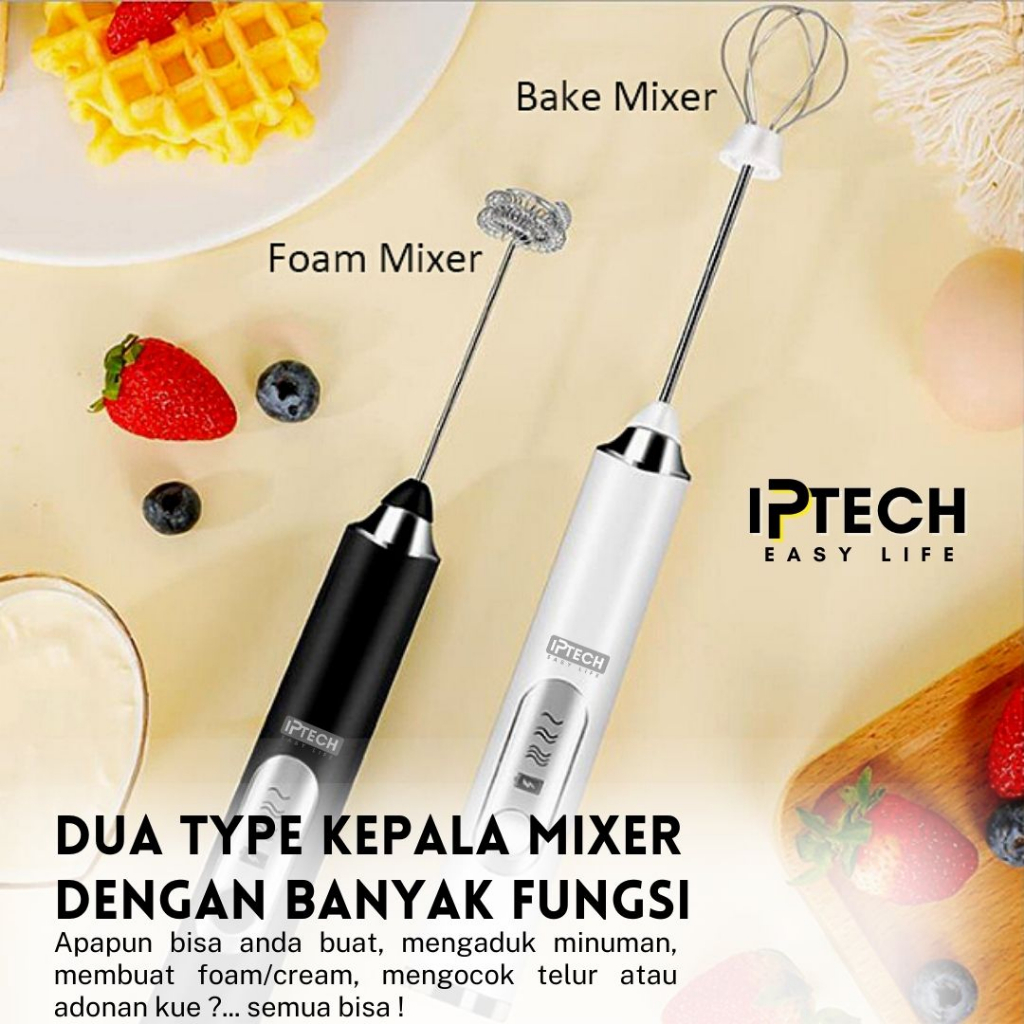 IPTECH HAND MIXER l PENGOCOK MINUMAN l WISK Portable Otomatis 3 Kecepatan dengan USB Charger