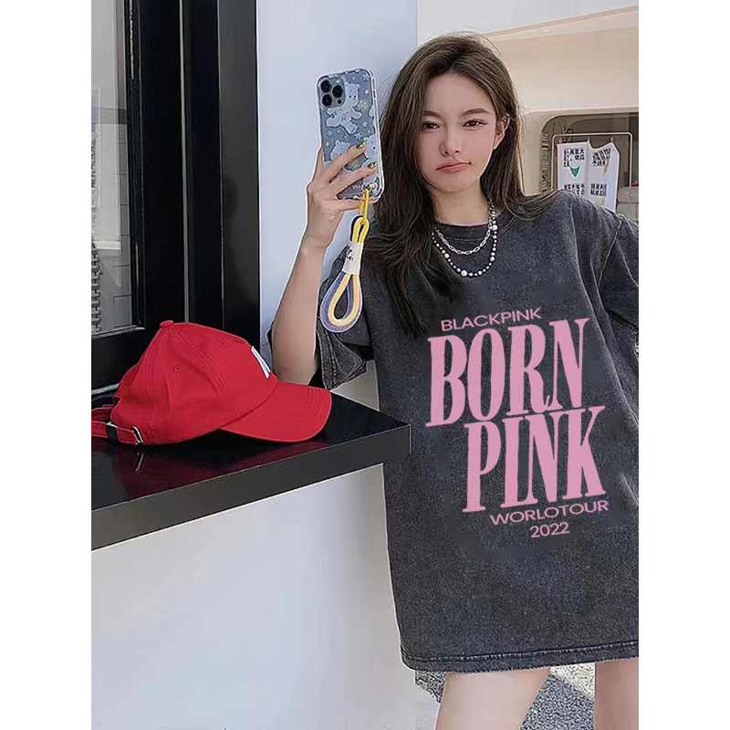 EUNII T-shirt Lengan Pendek Black Washed Vintage BlackPink Printing Korean Style/Kaos Atasan Wanita/Baju Wanita/Kaos Wanita