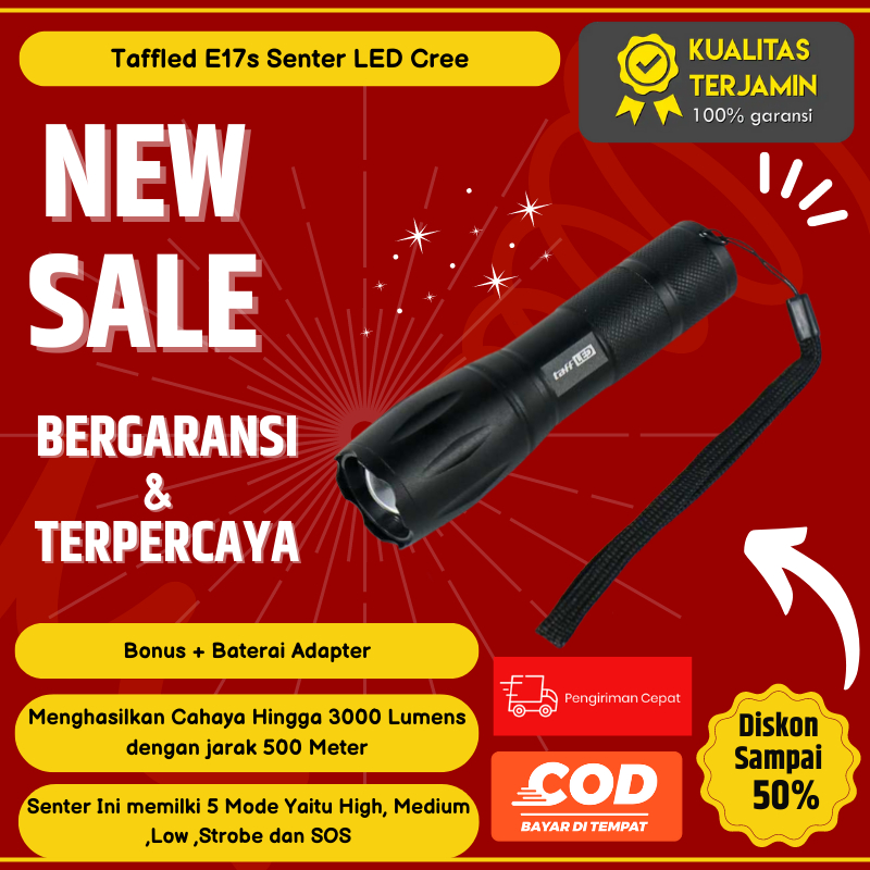 Taffled E17S Senter Led Cree Xm-L T6 3800 Lumens - Sedia Senter Terang Jarak Jauh 2000000000 Tahan L