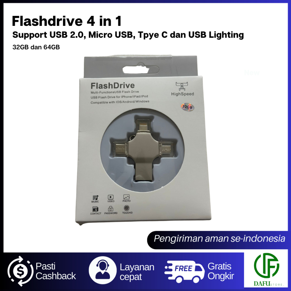 FLASHDRIVE 4 IN 1 USB 2.0, Micro USB, Type C dan USB Lighting