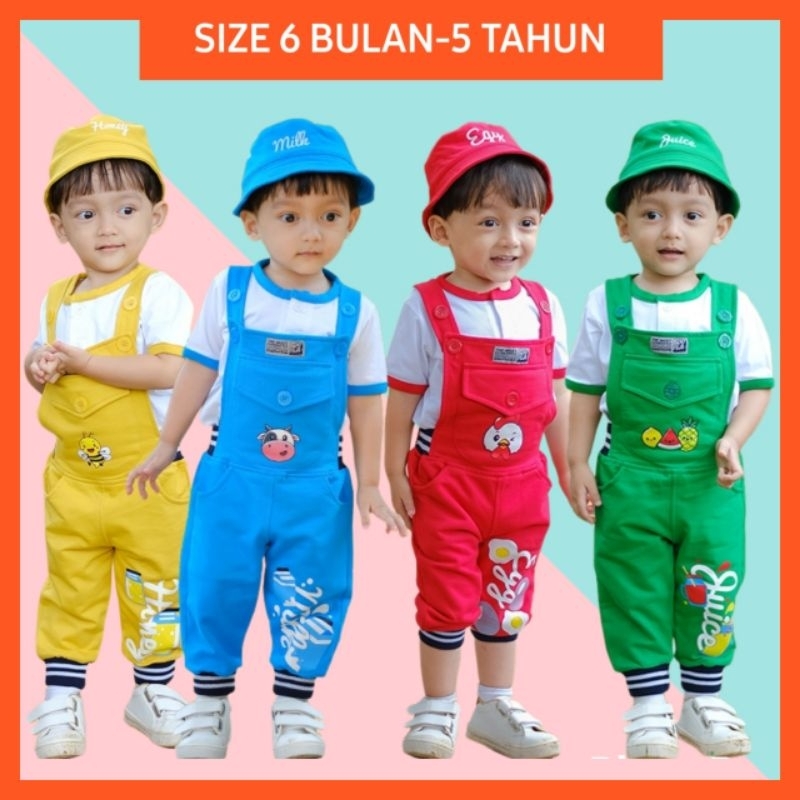 Overall Anak Laki Laki 6 Bulan-5 Tahun 3in1 / Setelan Baju Celana Topi Anak Bayi Laki Laki Usia 6 7 