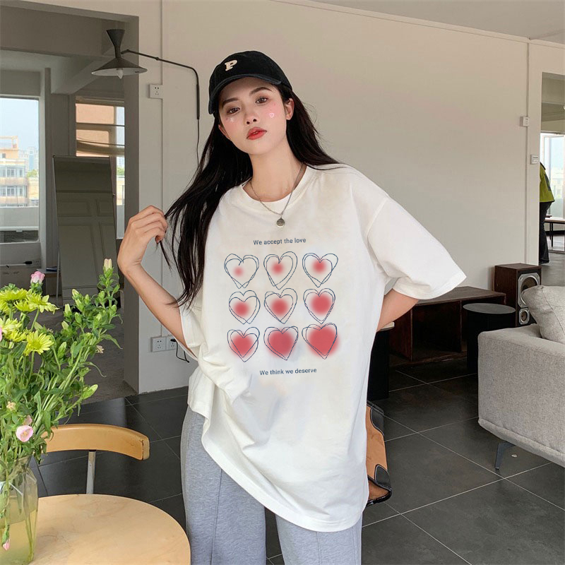 XiaoZhaiNv Kaos Atasan Oversize Wanita Red Heart Pattern Lengan Pendek A0151