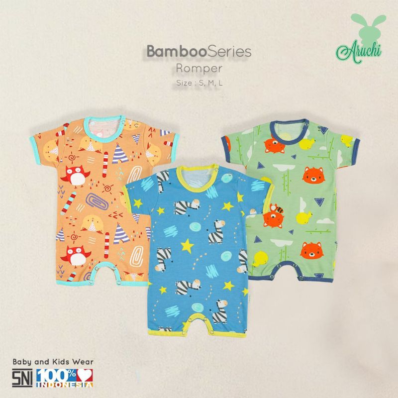 3pcs- aruchi ROMPER bayi 0-12 bulan motif bamboo,baloon series,Hunter ,bunny series terbaru/ baju Jumper segi empat / baju kodok aruchi/ baju terusan pendek romper aruchi