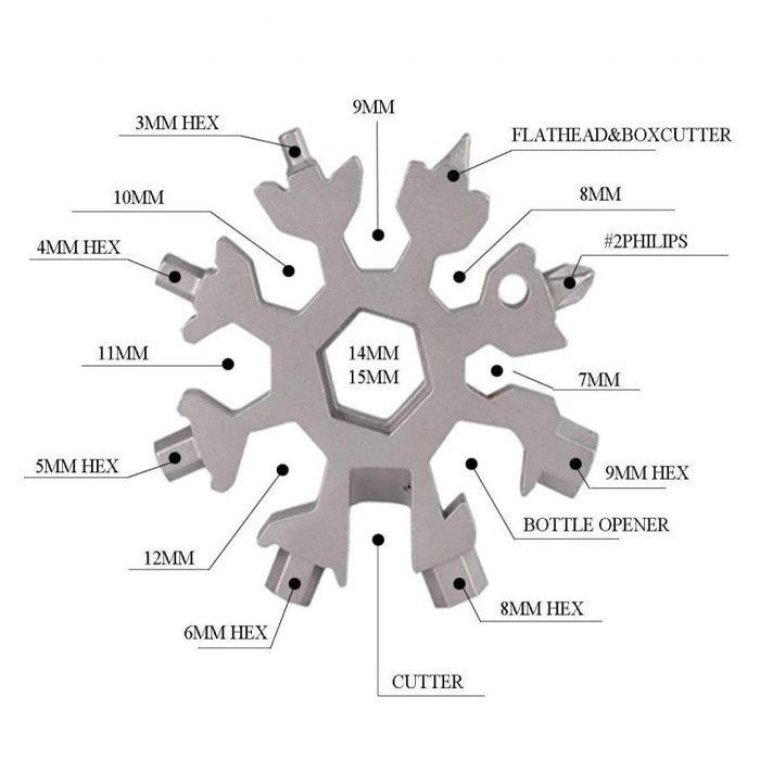 SNOWFLAKE MULTI TOOL 18 IN 1 GANTUNGAN KUNCI SALJU 18 IN 1 SURVIVAL