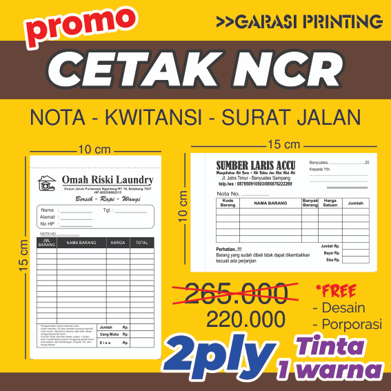 CETAK NCR 2PLY - Kwitasi - Nota Toko - Surat Jalan - Surat Rujukan - Surat Dokter, Dll / 1RIM