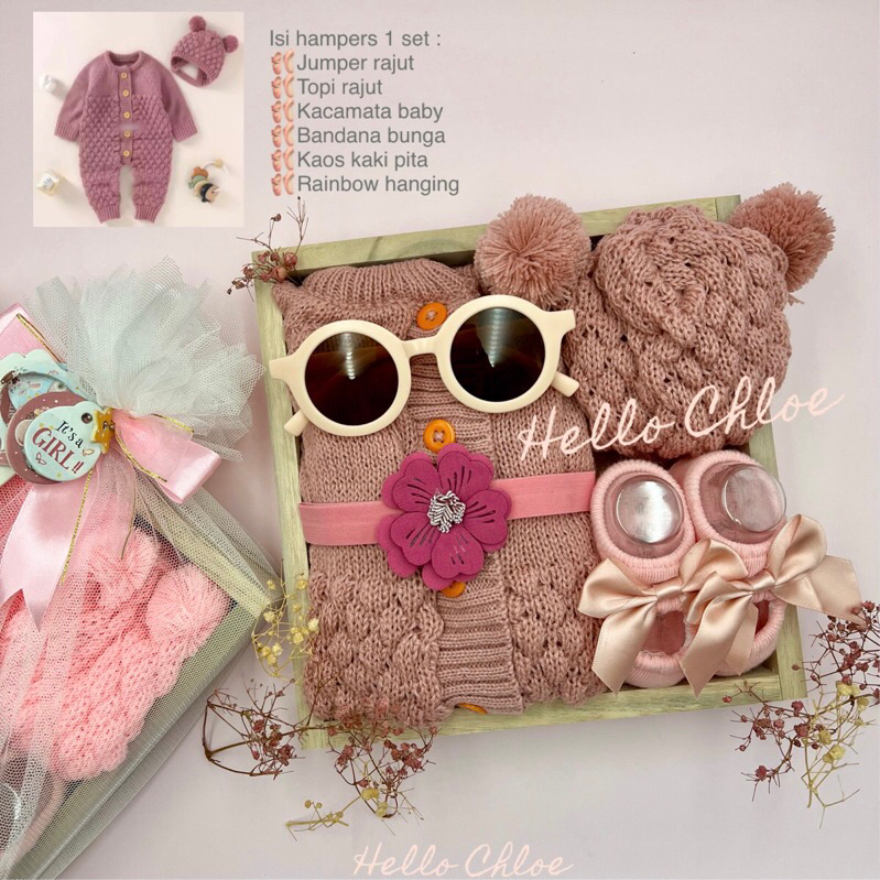 HELLO CHLOE - Jumpsuit &amp; Jacket Knit Hoodie Series 0-12 bulan | Newborn Baby Gift Set | Hampers Baby | Kado Lahiran Bayi