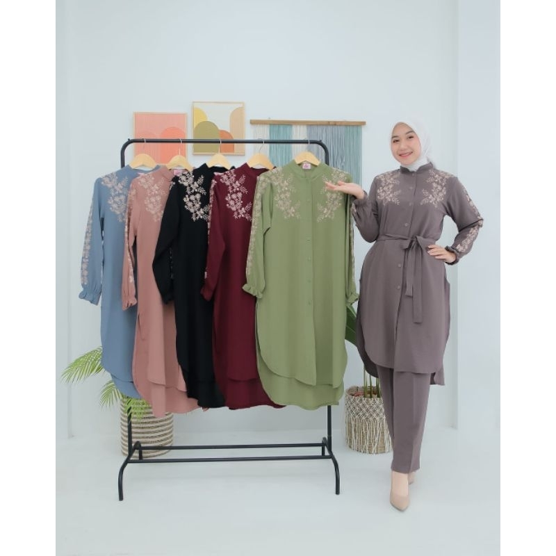 HARGA BOLEH KURANG ONESET HANUM BY RGW ORI SETELAN ATAS BAWAH CRINKLE BRODIR STELAN TUNIK LD 110 BUS
