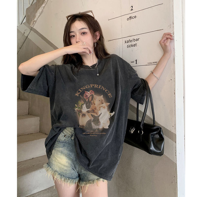 Korean Style Kaos Lengan Pendek Baju Wanita Vintage T-shirt Hitam Washed Oversize T-shirt