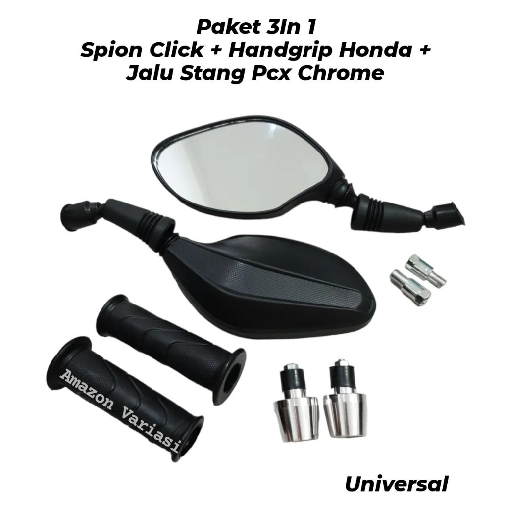 PAKETAN 3IN 1VARIASI MOTOR SPION CLICK KLIK SET + HANDGRIP STANDAR MOTOR + JALU STANG CHROME MODEL P
