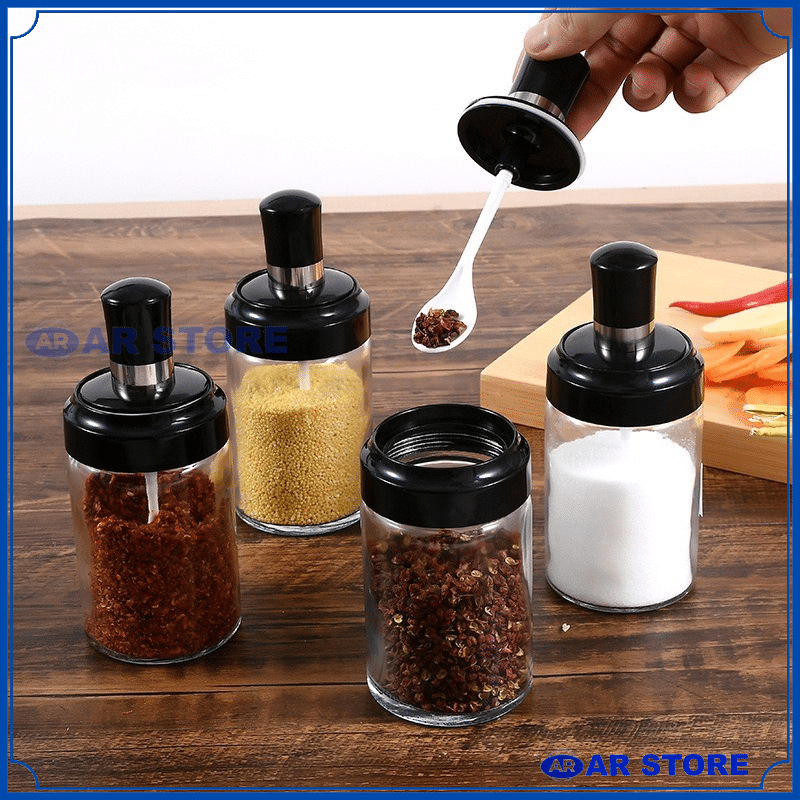 AR Botol Tempat Bumbu Dapur Kaca + Sendok / Wadah Penyimpanan Kopi Gula Garam Micin Lada Merica Kecap Saus Seasoning Bottle Glass Aesthetic Kedap Udara Serbaguna