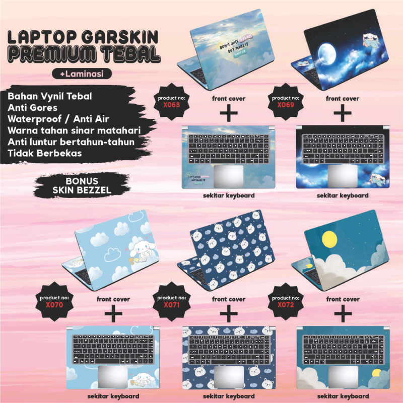 Garskin Laptop Anti Gores Blue Sky Pastel Cinnamoroll Penguin Ice Bear Premium  Full set 10 12 13 14 15 inch  Acer Lenovo Asus Macbook Dell